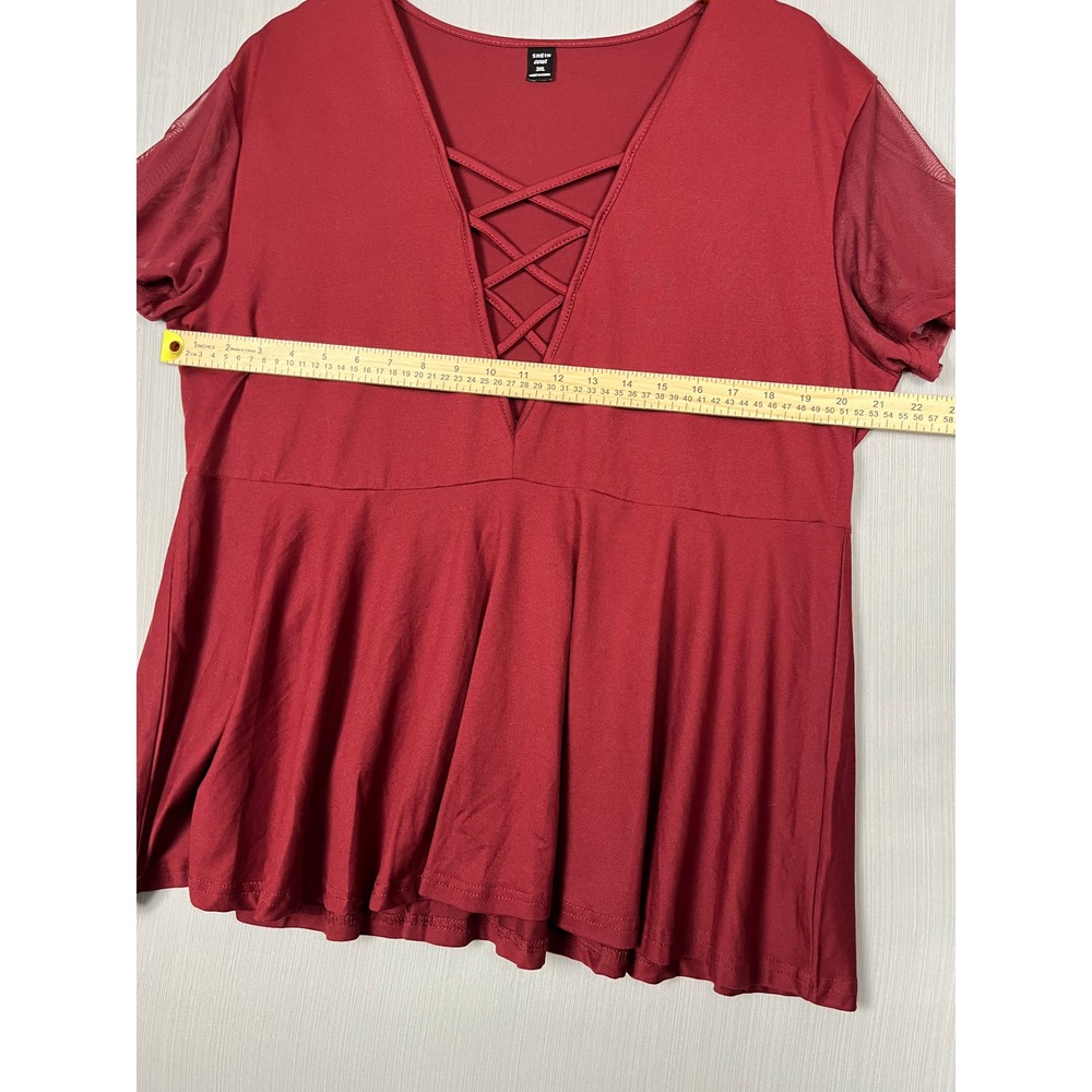Peplum Top Women 3XL Burgundy Mesh Sleeve Lattice V-Neck Babydoll Goth Romantic - Picture 8 of 9